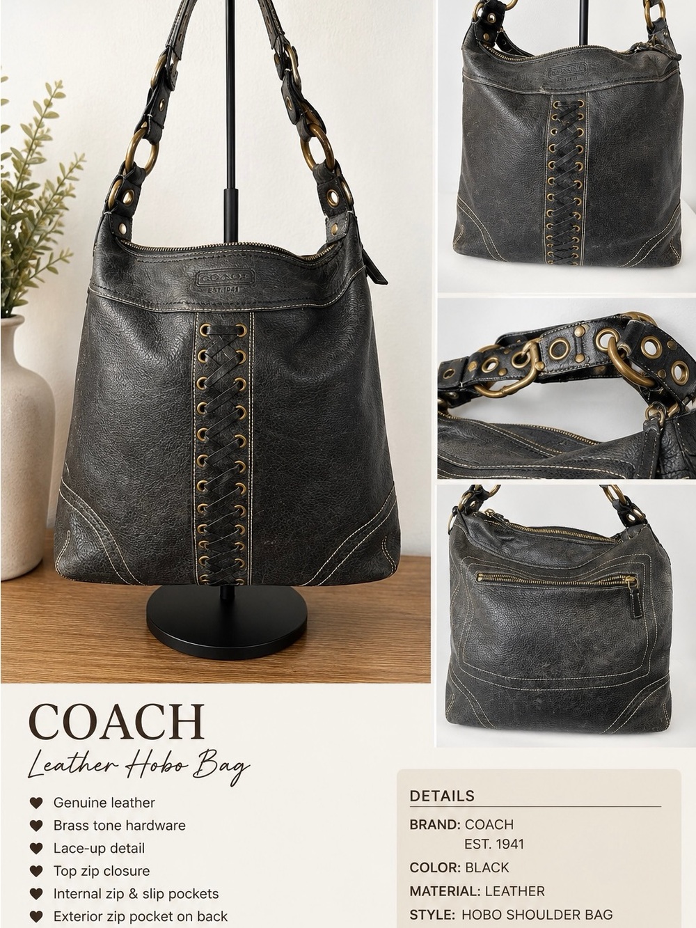 Vintage Coach Chelsea Black Leather Lace-Up Shoulder Bag